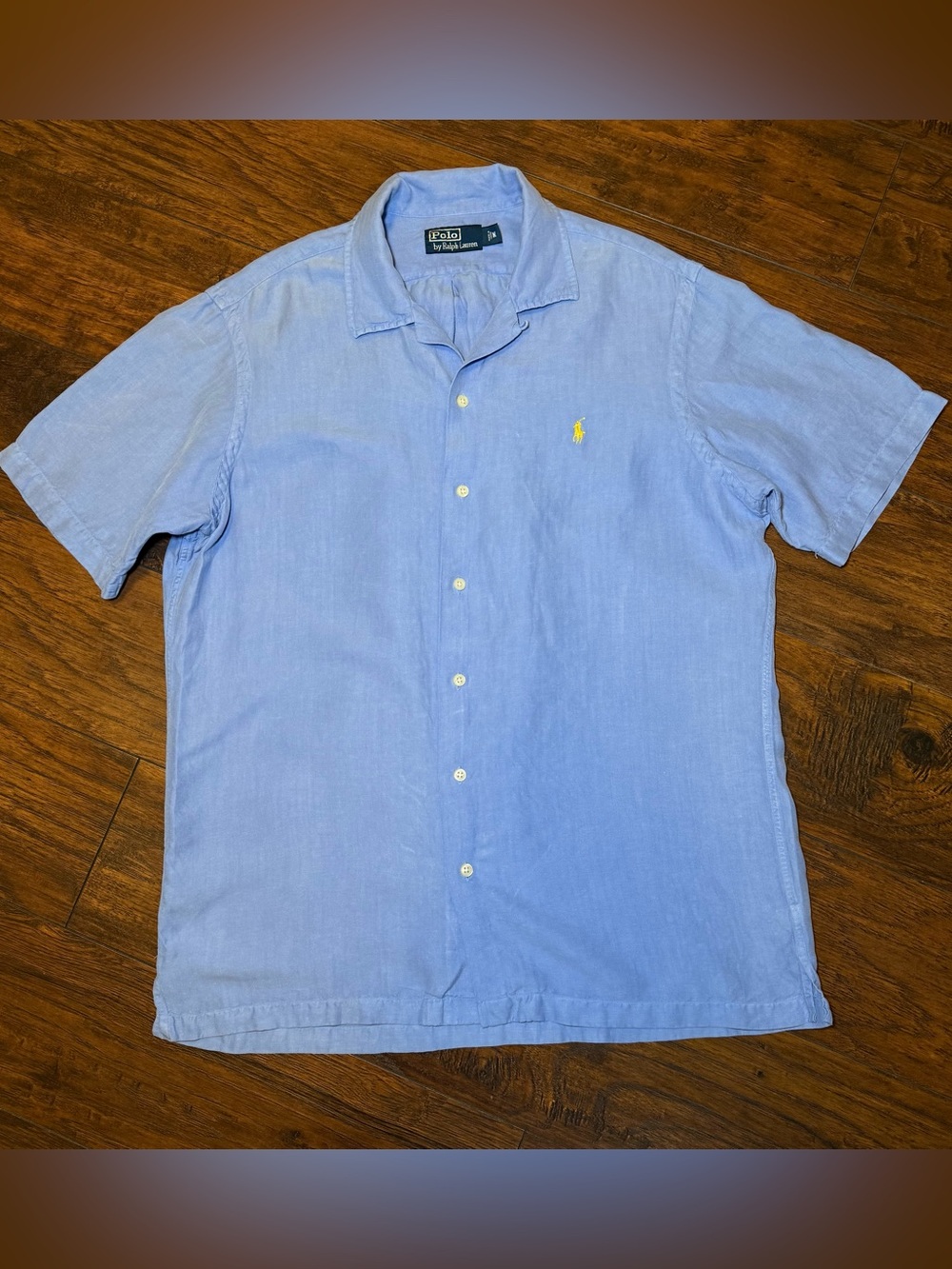 90s Polo Ralph Lauren Camp Linen Silk Shirt M Blue Yellow Pony Loop Collar VTG